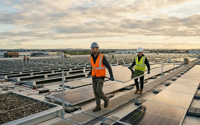 Installation Photovoltaik und LED Beleuchtung auf Gewerbedach